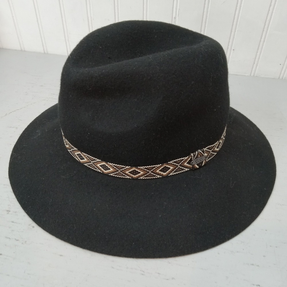C.C Exclusives 100% Wool Fedora Hat Southwestern Geometric Band Wide Brim Black
